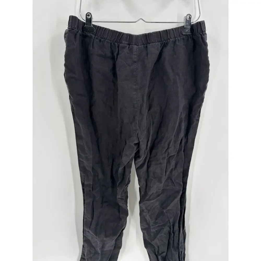 Chicos Pants Womens Large Black 100% Linen Pull On Pockets Straight Leg Stretchy